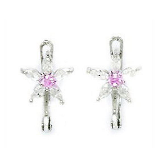 14k White Gold October Pink 1.5mm CZ Flower Leverback Earrings - Measures 12x7mm