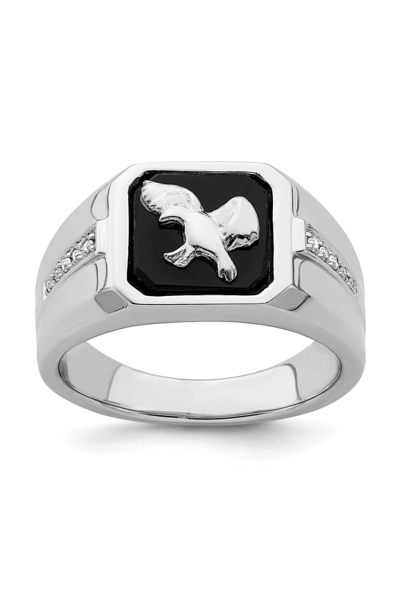 14k White Gold Onyx and Diamond Eagle Mens Ring