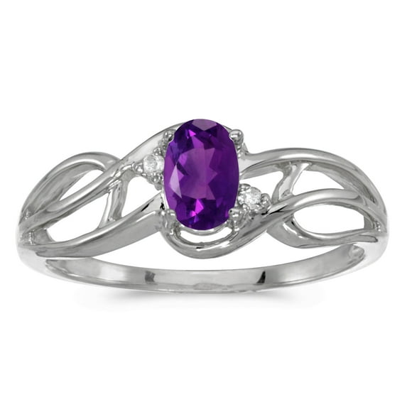 14k White Gold Oval Amethyst And Diamond Curve Ring