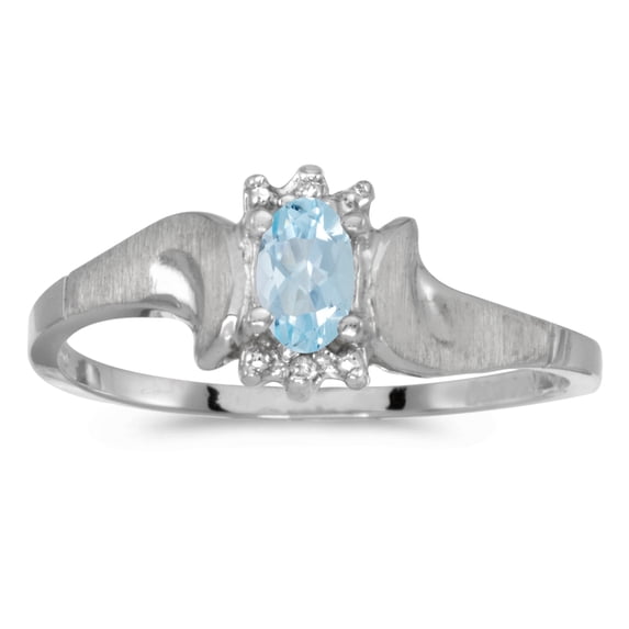 14k White Gold Oval Aquamarine And Diamond Satin Finish Ring