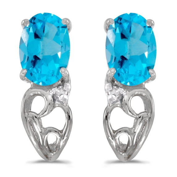 14k White Gold Oval Blue Topaz And Diamond Earrings