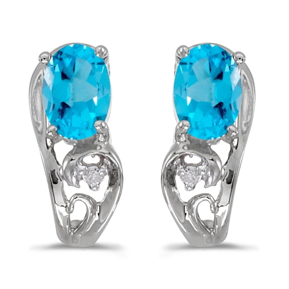 14k White Gold Oval Blue Topaz And Diamond Earrings
