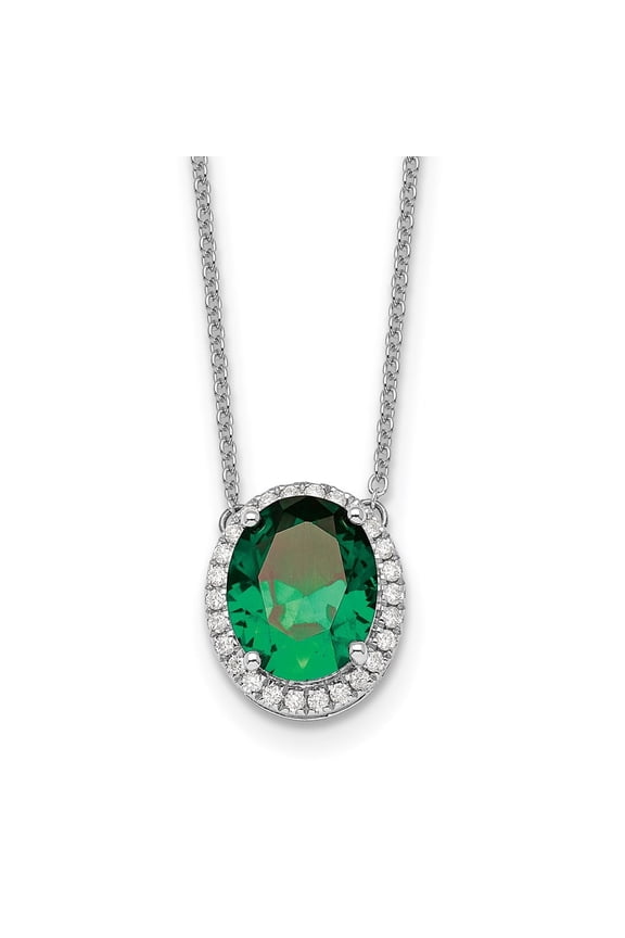 14k White Gold 10x8mm Oval Lab Created Emerald and Diamond Halo 18 inch Necklace