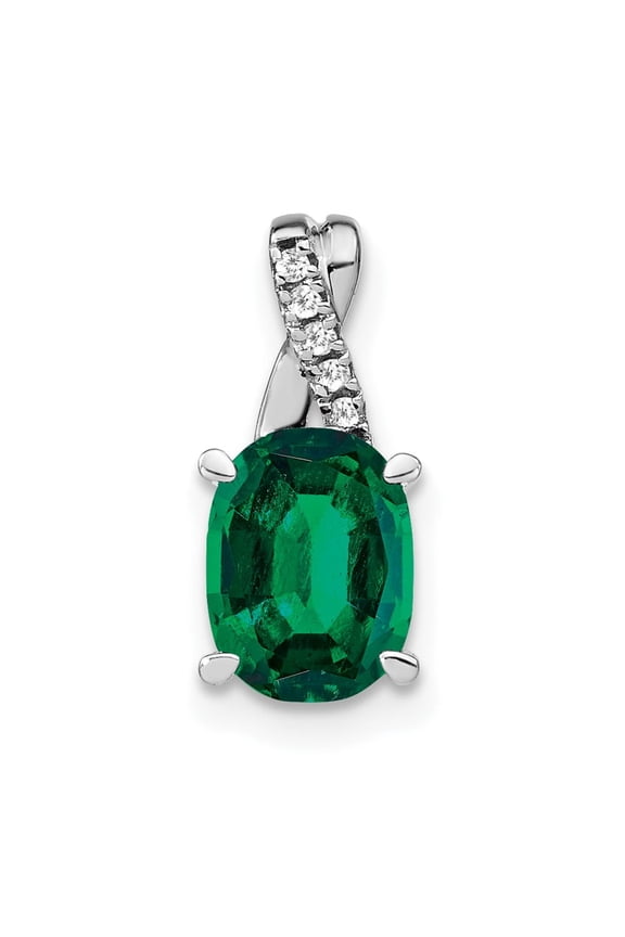 14k White Gold 7x5mm Oval Lab Created Emerald and Diamond Pendant