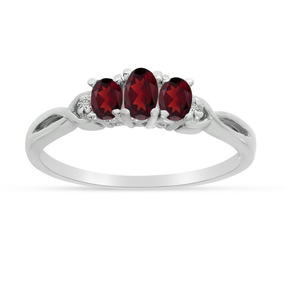 14k White Gold Oval Garnet And Diamond Three Stone Ring