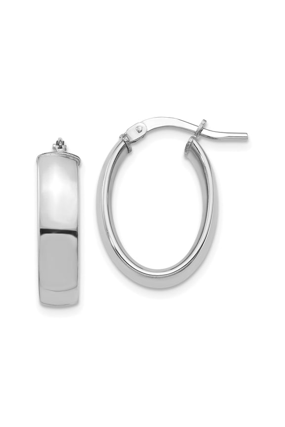14k White Gold Oval Hoop Earrings for Women, High Polish Lightweight Design with Hinged Snap Back, Minimalist Sleek Style for Everyday or Formal Wear