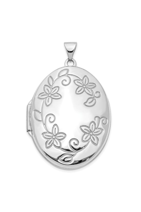14k White Gold Oval Locket Pendant Necklace for Women with Floral Vine Design, Romantic Keepsake Jewelry for Photos or Mementos, Elegant Sentimental Accessory