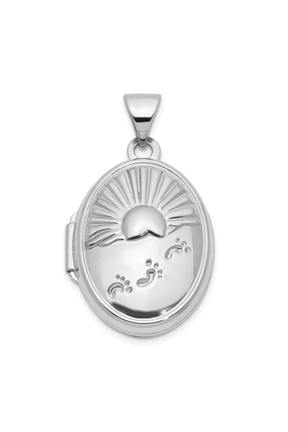 14k White Gold Oval Locket Pendant for Women with Footprints and Sun Symbol, Christian Faith Jewelry, Spiritual Keepsake for Inspiration and Remembrance