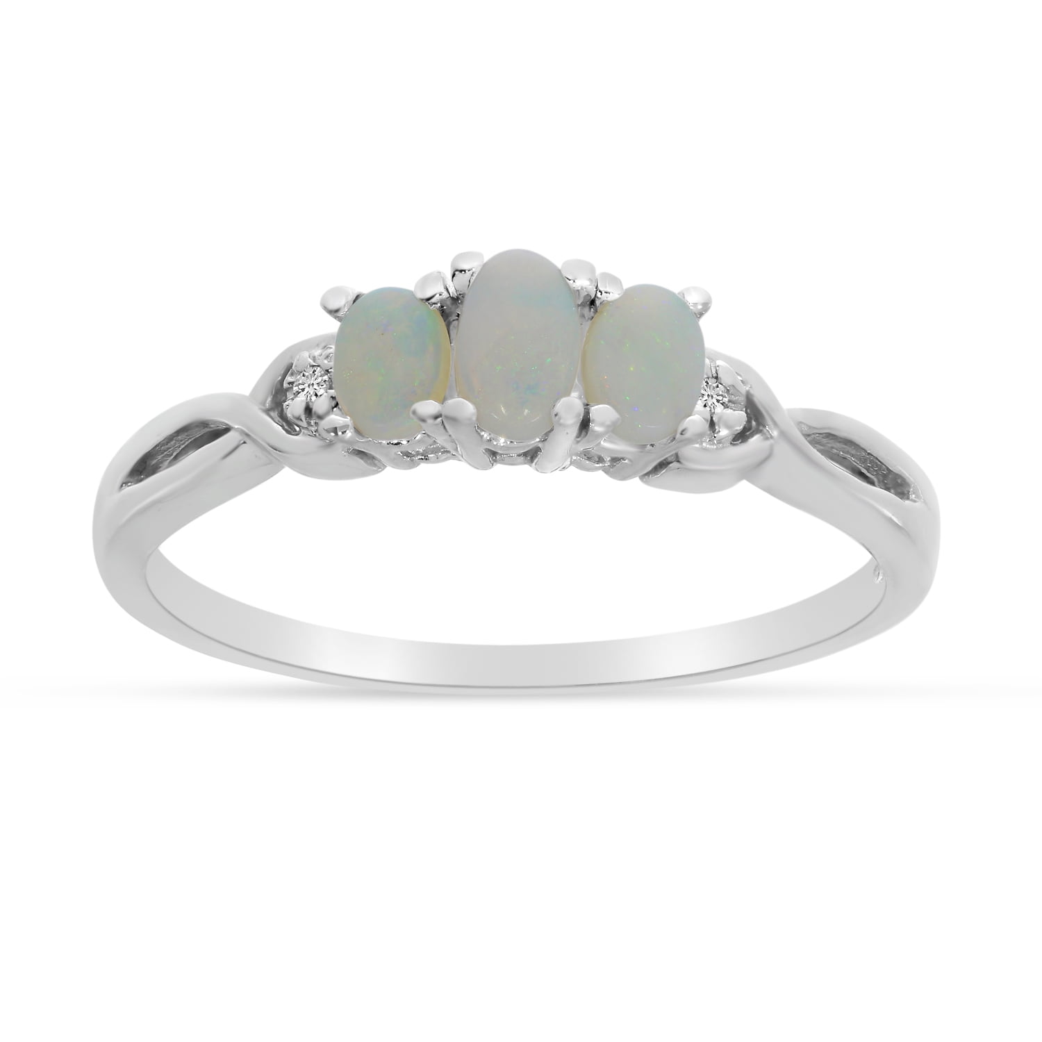 14k White Gold Oval Opal And Diamond Three Stone Ring