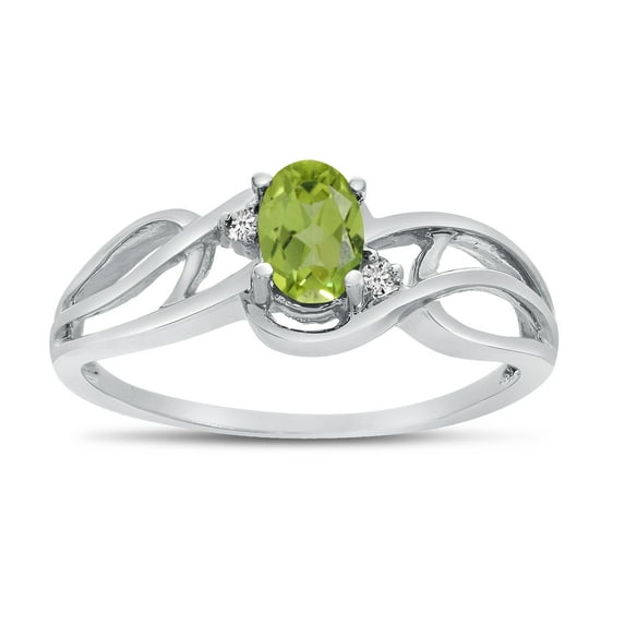14k White Gold Oval Peridot And Diamond Curve Ring