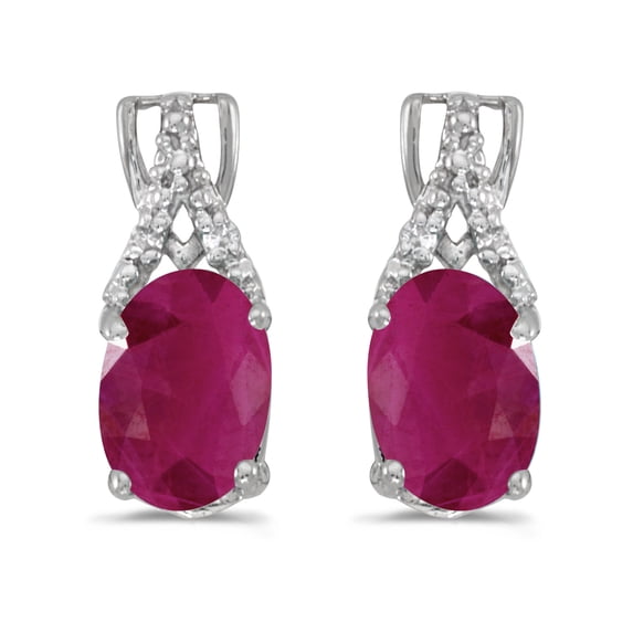 14k White Gold Oval Ruby And Diamond Earrings