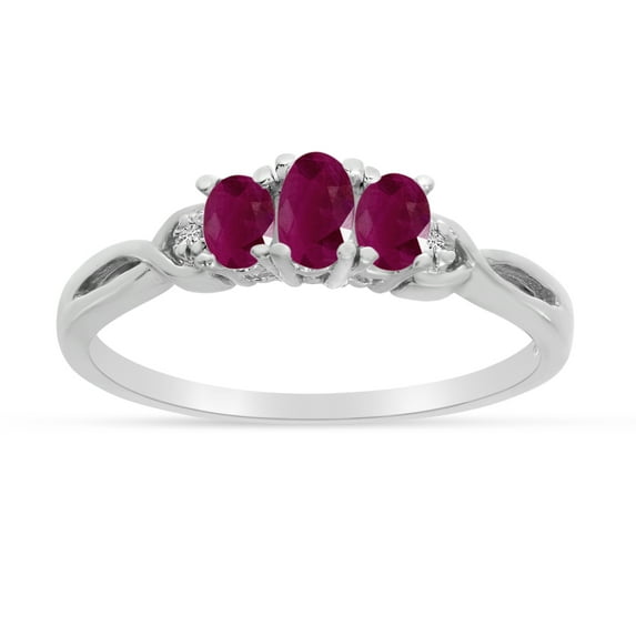 14k White Gold Oval Ruby And Diamond Three Stone Ring