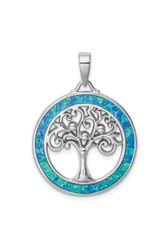 Sterling Silver Rhodium-plated Created Opal Circle w/Tree Pendant QP5130