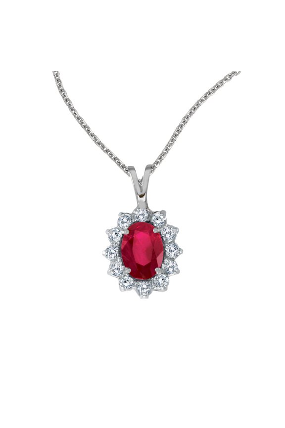 14k White Gold Oval Ruby Pendant with Diamonds and 18" Chain