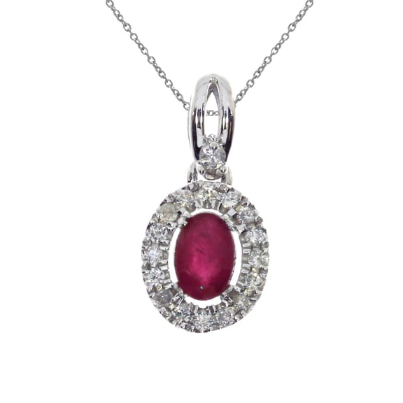 14k White Gold Oval Ruby and Diamond Halo Pendant with 18" Chain