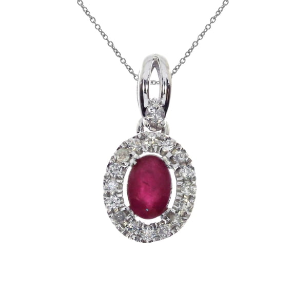 14k White Gold Oval Ruby and Diamond Halo Pendant