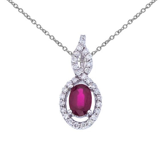 14k White Gold Oval Ruby and Diamond Pendant with 18" Chain