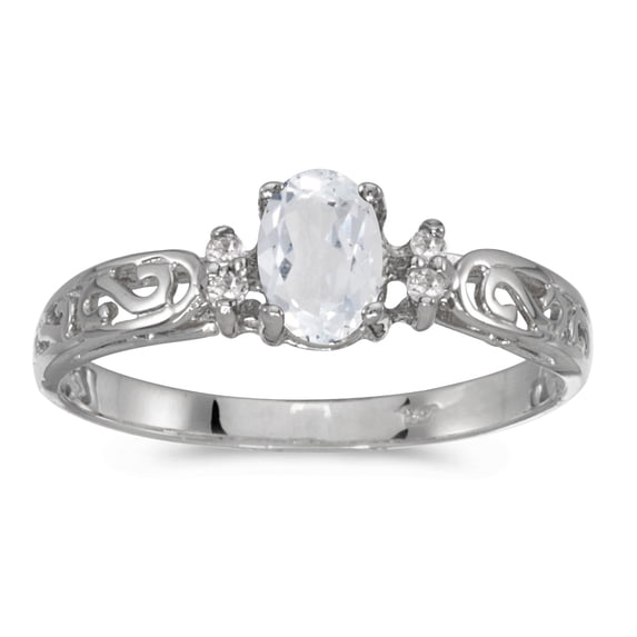 14k White Gold Oval White Topaz And Diamond Filagree Ring
