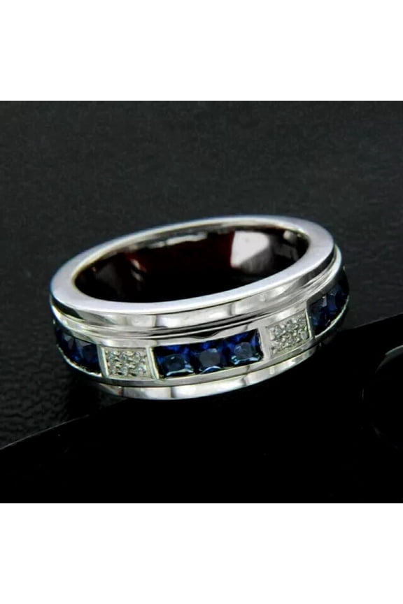 14k White Gold Over Men's Princess Cut Simulated Diamond Blue Sapphire Ring 1.00 Ct