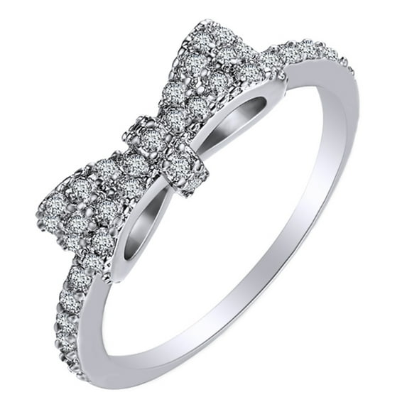 AFFY 14k White Gold Over Sterling Silver Round Shape White Cubic Zirconia Bow Ring