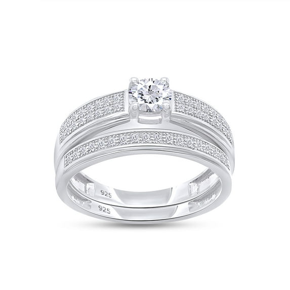 AFFY 14k White Gold Over Sterling Silver Round Shape White Cubic Zirconia Bridal Ring Set