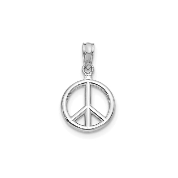 14k White Gold Peace Sign Pendant Necklace for Women or Unisex, Polished Openwork Symbol of Harmony and Unity, Boho Retro Minimalist Spiritual Jewelry Charm