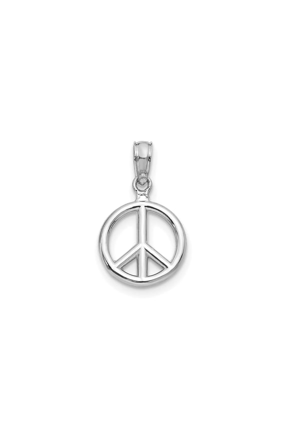14k White Gold Peace Sign Pendant Necklace for Women or Unisex, Polished Openwork Symbol of Harmony and Unity, Boho Retro Minimalist Spiritual Jewelry Charm