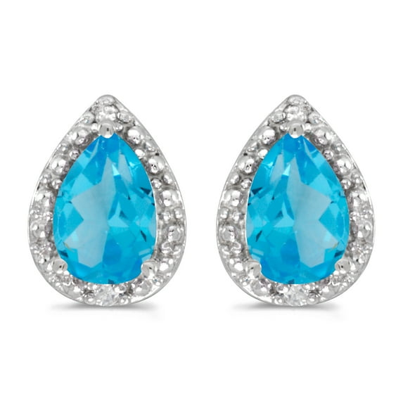 14k White Gold Pear Blue Topaz And Diamond Earrings