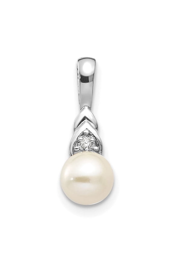 14k White Gold Pearl and Diamond Pendant for Women, Cultured Round Pearl Necklace Charm, Elegant Bridal Jewelry for Anniversary or Formal Wear, Timeless Polished Gold Design