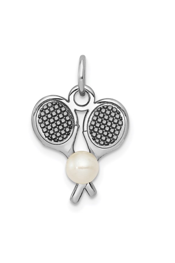 14k White Gold 3D Tennis Racquets Pearl Pendant