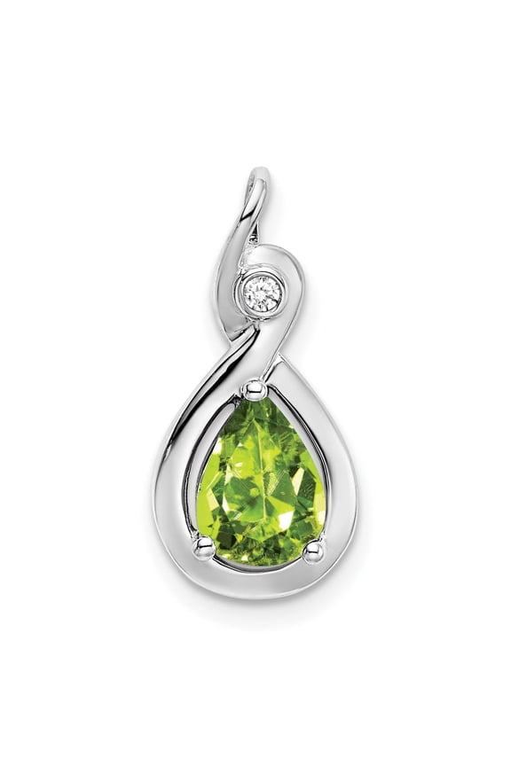 14k White Gold Pendant Necklace with Pear Peridot and Diamond Accent, August Birthstone Jewelry for Women, Modern Teardrop Swirl Design, Elegant Minimalist Gemstone Accessory