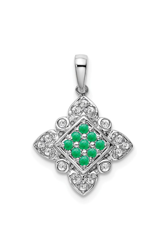 14k White Gold Pendant Necklace for Women with Emerald and Diamond Cluster, Geometric Floral Fine Jewelry, Elegant Green Gemstone Design for Formal Wear