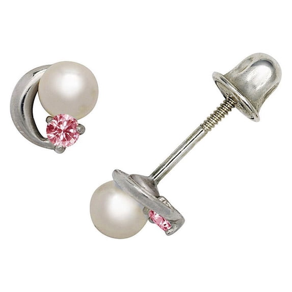 14k White Gold Pink 4x4mm CZ and Freshwater Cultured Pearl Fancy Screwback Earrings - Measures 6x5mm