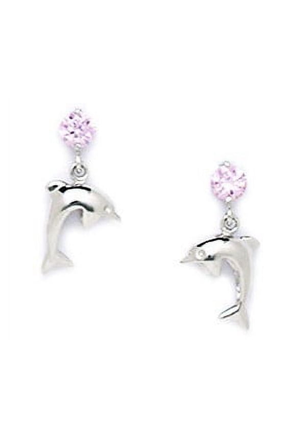 14k White Gold Pink Cubic Zirconia Dolphin Drop Screw-Back Earrings - Measures 13x7mm