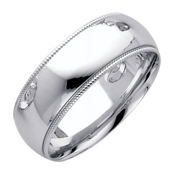 14k White Gold Plain Milgrain Dome Wedding Heavy Ring Comfort Fit Band Polished Finish, 7 mm, Size 8