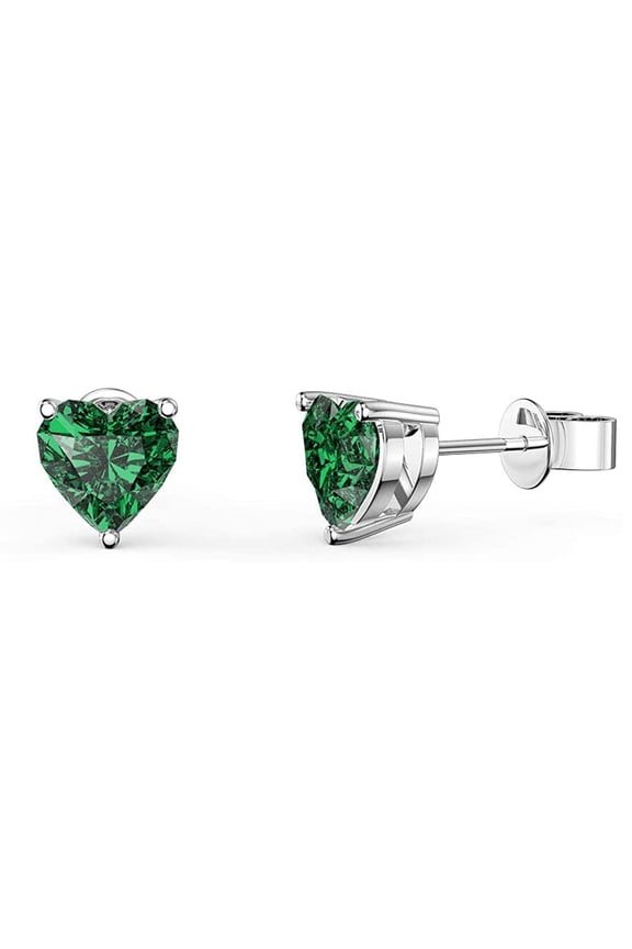 14k White Gold 2 Ct Heart Green Emerald Stud Earrings Plated by Paris Jewelry