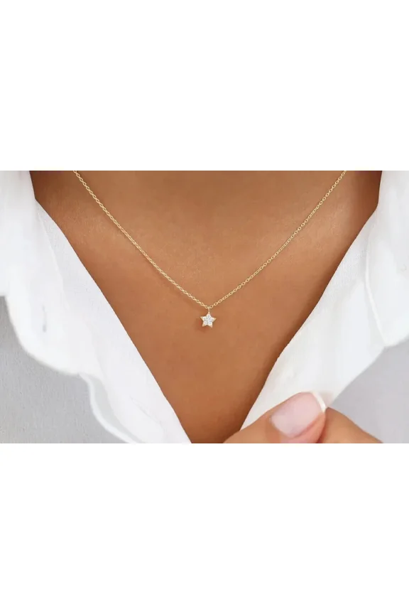 14k White Gold Plated 1Ct Lab Created White Diamond Women's Tiny Star Charm Pendant Necklace