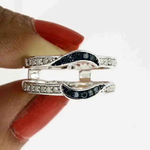 14k White Gold Plated 2.00Ct Round Cut Simulated Blue Sapphire Women's Engagement Enhancer Wrap Guard Ring 925 Silver
