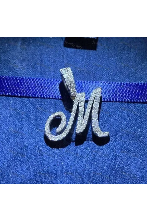 14k White Gold Plated 2Ct Round Cut Lab-Created Diamond Initial "M" Letter Pendant