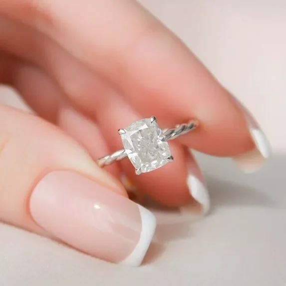 14k White Gold Plated 2ct Cushion Cut Simulated Diamond Solitaire Women's Engagement Rope Ring 925 Sterling Silver For Her
