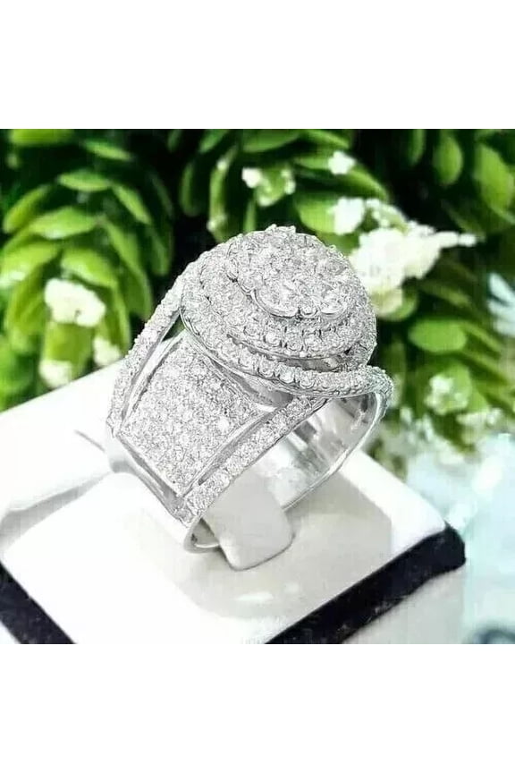14k White Gold Plated 3.20Ct Round Cut Real Moissanite Cluster Engagement Ring
