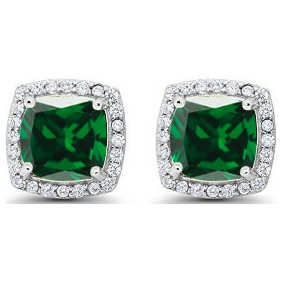 14k White Gold Plated 3 Ct Created Halo Princess Cut Emerald Stud Earrings