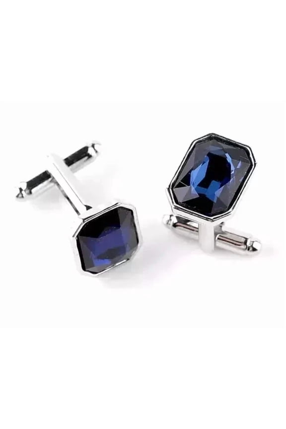 14k White Gold Plated 3Ct Emerald Cut Simulated Blue Sapphire Solitaire Fancy Men's Cufflink 925 Silver