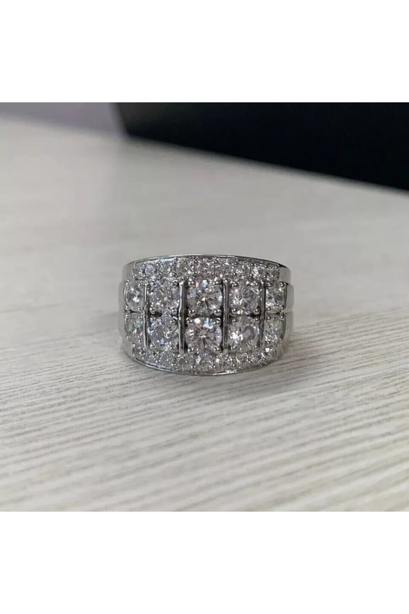 14k White Gold Plated 3Ct Round Cut Lab-Created Diamond Cluster Men's Gift Ring