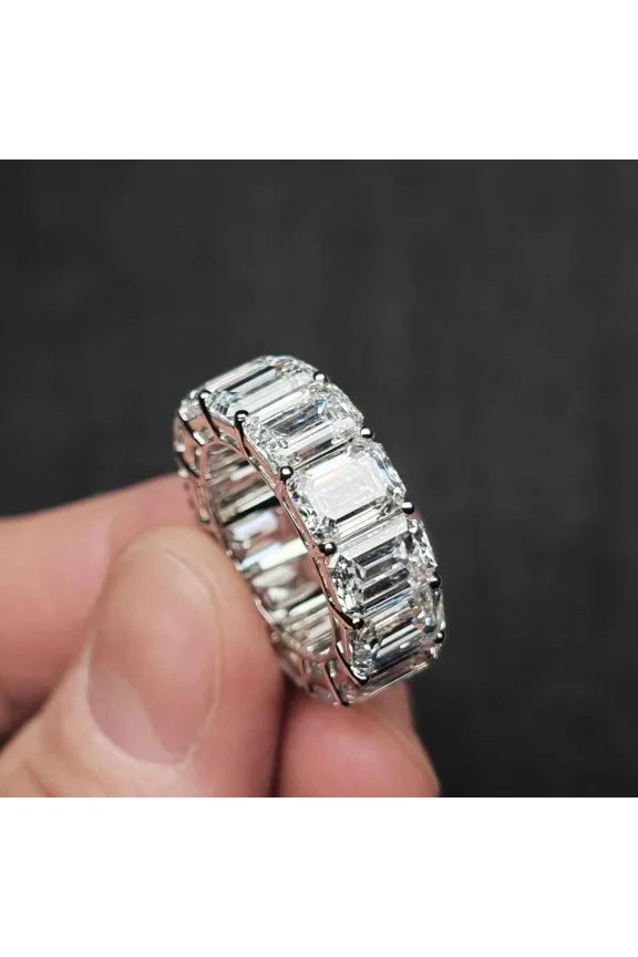 14k White Gold Plated 8TCW Emerald Cut Lab Created Diamond Full Eternity Wedding Band Ring