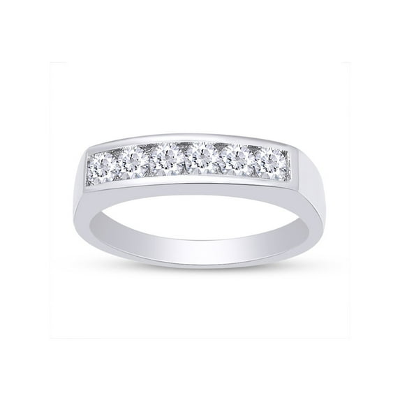 14k White Gold Plated 925 Sterling Silver Channel-Set Round Cut Sparkling White Cubic Zirconia 6-Stone Men's Anniversary Wedding Band Ring Ring Size-8.5