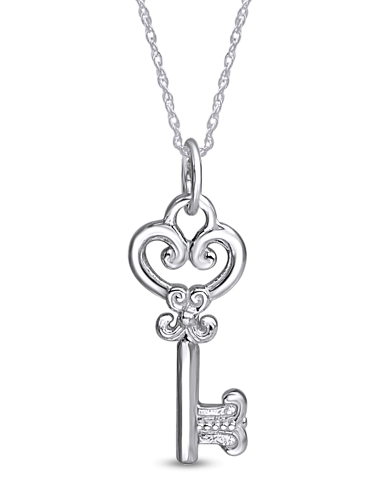 14k White Gold Plated 925 Sterling Silver Lovely Vintage Key Pendant Necklace With 18" Long Chain Gift For Her Women Birthday