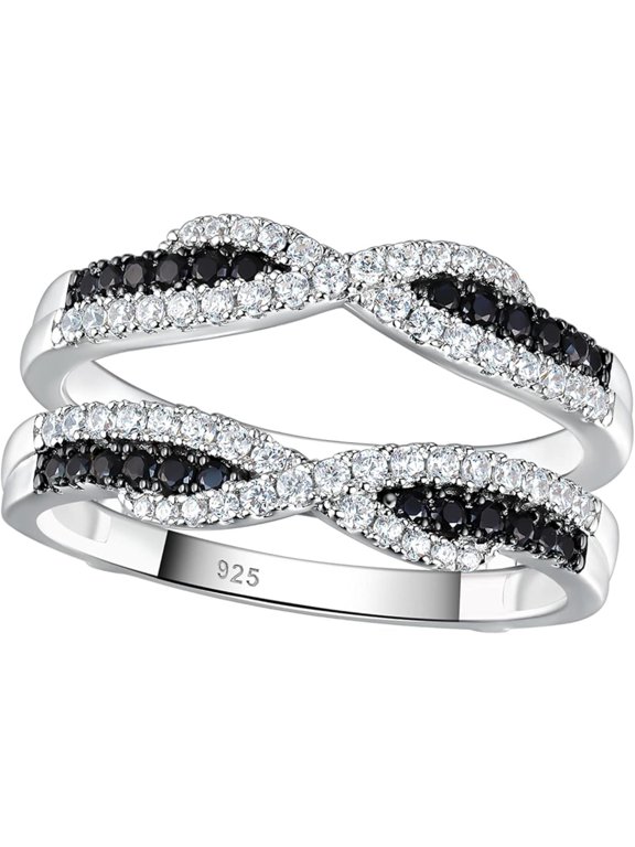 14k White Gold Plated 925 Sterling Silver Round Cut Black & White Moissanite Diamond Solitaire Guard Enhancer Wedding Ring For Women