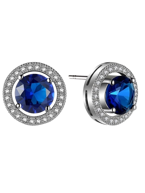 14k White Gold Plated Blue Crystal Halo Stud Earrings