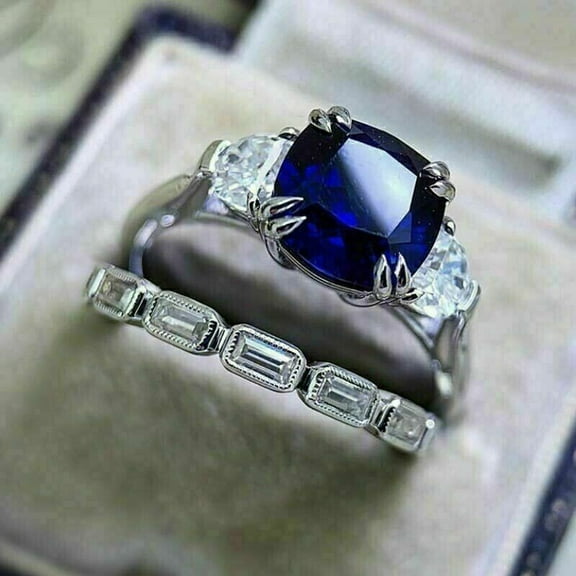 14k White Gold Plated Cushion Simulated Blue Sapphire Bridal Set Wedding Ring Pure 925 Sterling Silver
